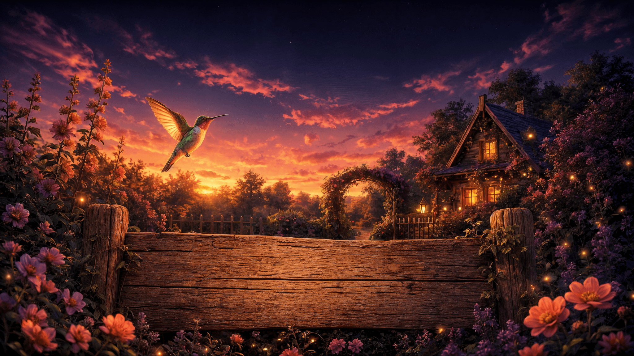 A glowing hummingbird hovering above a rustic wooden sign in a twilight cottage garden.